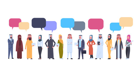 Arabic Men And Women Group With Chat Bubbles Over White Background Full Length Arab Business Male And Female Wearing Traditional Clothes Flat Vector Illustration