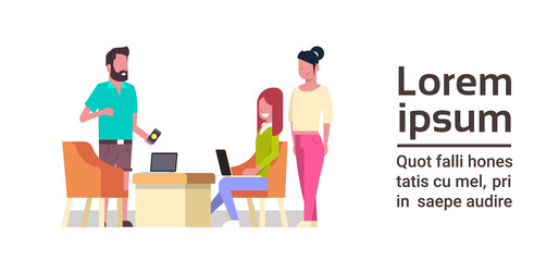 Group Of Business People Working Together Sit At Office Desk Coworking Space Concept Mix Race Workers Team Brainstorming Flat Vector Illustration