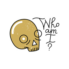 One line tatoo illustration of a skull with the inscription Who am I 
