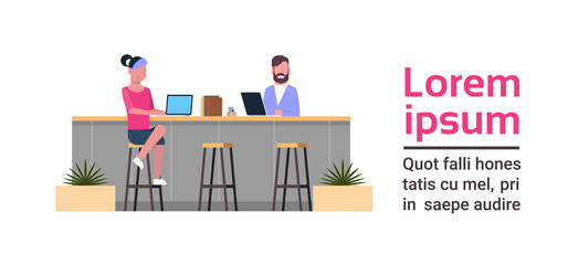 Young People Working On Computers Sitting At Counter Desk At Modern Coworking Space Modern Coworkers Center Concept Flat Vector Illustration