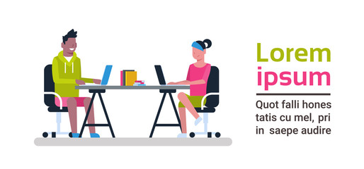 Young People Working On Computers Sitting At Desk At Coworking Space Modern Coworkers Center Concept Flat Vector Illustration