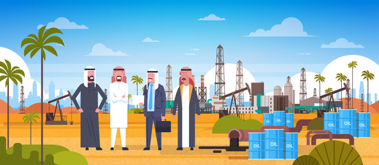 Group Of Arab Business Men On Oil Platform In Desert East Petrolium Production And Trade Concept Flat Vector Illustration