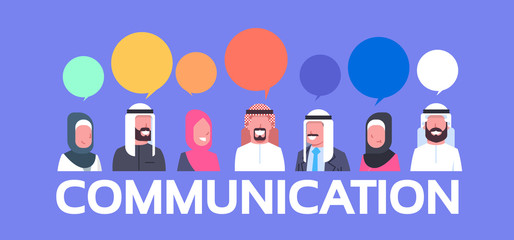 Obraz na płótnie Canvas Group Of Arabic People With Chat Bubbles Communication Concept Arab Business Men And Women Flat Vector Illustration
