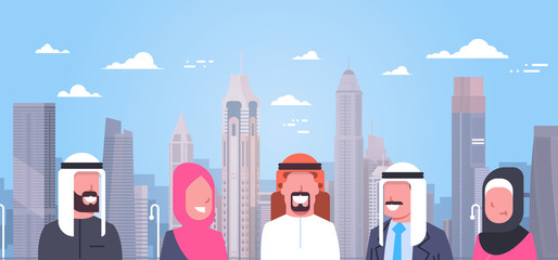Group Of Arabic People Over Modern City Background Muslim Man And Woman Wearing Traditional Clothes Flat Vector Illustration