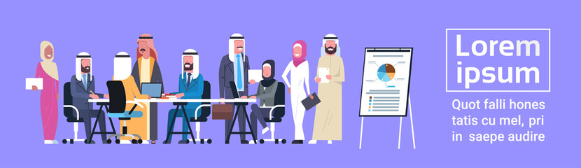 Arab Business People Group Meeting Presentation Flip Chart With Finance Data, Muslim Businesspeople Team Training Brainstorming Flat Vector Illustration