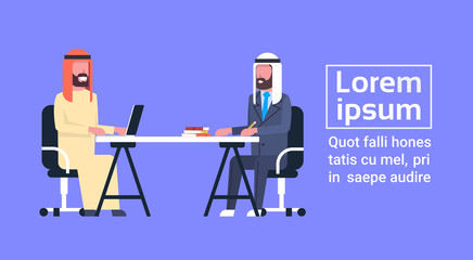 Arabic Business Men Sitting At Office Desk Working Together Muslim Workers Meeting Or Interview Flat Vector Illustration