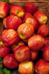  Red apples background. Organic Ripe apples  at  market. Harvesting concept.
