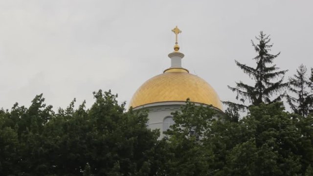 gilt dome of Russian Orthodox Church above spruce forest
