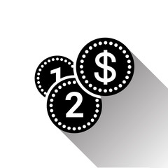 Silhouette Black Dollar Coins Stack Icon With Long Shadow On White Background Vector Illustration