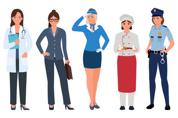 Young Women of different professions set . Doctor, stewardess, business lady, cook, policewoman isolated on white. Women careers. Vector illustration in flat cartoon style.