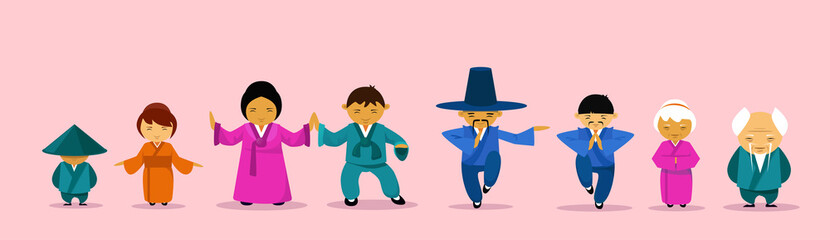 Asian Family Wearing Traditional Clothes Cartoon Childern And Parents East Tradition And Culture Concept Flat Vector Illustration