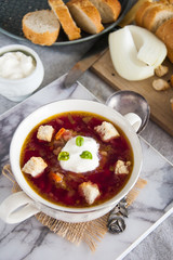 Traditional Russian Ukrainian soup with beets (borsch)