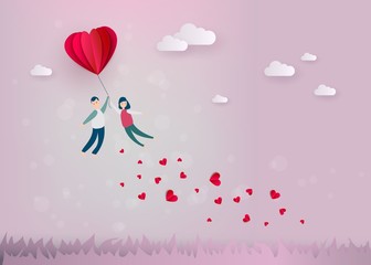 Vector happy valentines day illustration, invitation card, sale poster, party banner template - man and girl couple flying at paper origami hearts - air balloons at pink background.