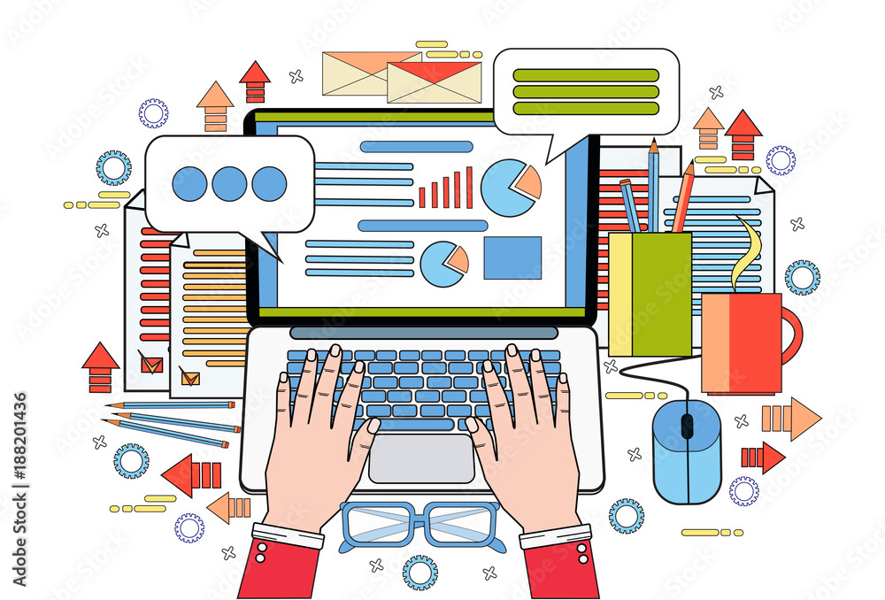Poster hands work on laptop computer finance chart business statistic data report office desk workplace vec