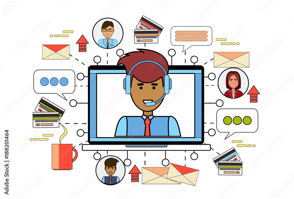 Poster technical support service man in headphones computer workplace desktop business elements on backgrou