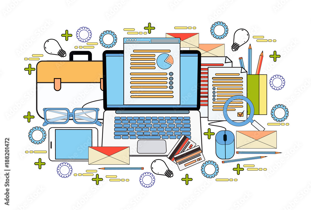 Poster office workplace computer desktop with finance chart business statistic data documents report analys