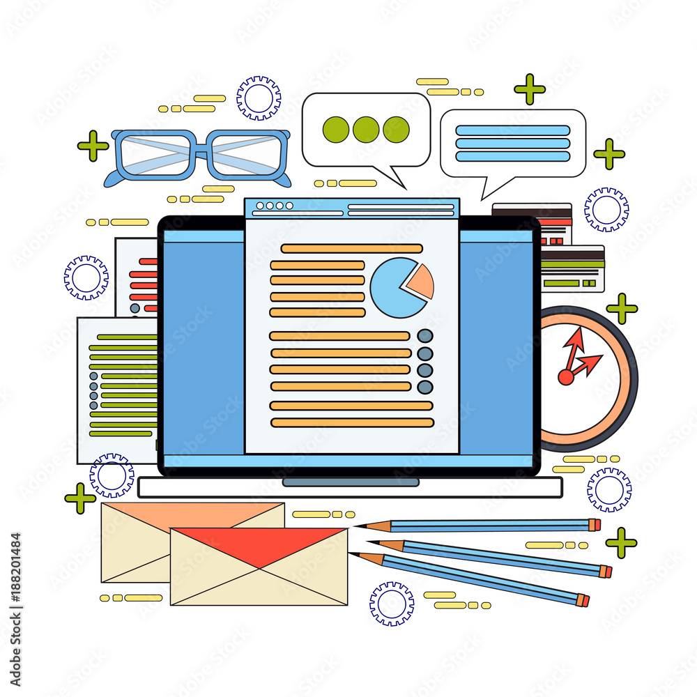 Poster computer desktop with finance chart business statistic data documents report analysis office workpla
