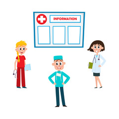vector flat female blonde and brunette doctor and nurse in medical clothing holding clipboard, stethoscope, male surgeon, information board icon set . Isolated illustration on a white background.