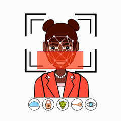 Face Recognition And Identification System Biometrical Identification African American Business Woman Face Scanning Vector Illustration