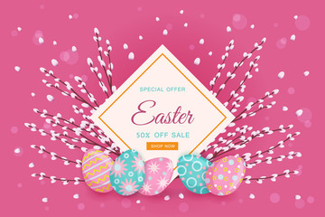 vector easter holiday poster, banner background template with spring festive elements - decorated eggs, easter pussy willow twigs for your design. Isolated on pink background. © sabelskaya