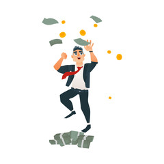 Successful businessman in tuxedo, red necktie jumping under money rain near dollar piles. Male character in office corporate clothing smiling. Vector cartoon isolated illustration, white background