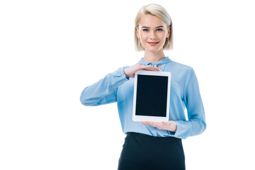 attractive businesswoman showing tablet with blank screen, isolated on white