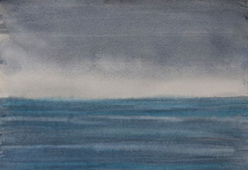 Dark sea with rain cloud , watercolor hand painted on paper