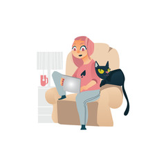 Young woman, girl sitting in armchair with laptop and cat, home office, freelancer concept, flat cartoon vector illustration isolated on white background. Girl, woman working from home, freelancer