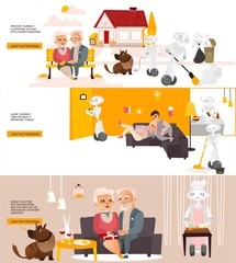 Vector robots, artificial intelligence in modern life infographic conseptual posters set. Robots assistants home robots helping with routine household chores, walking with animals, cleaning, repairing