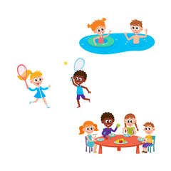 Obraz na płótnie Canvas vector summer camp kids set. Caucasian and african Girls and boys eating porridge, fruits vegetables at table, swimming in water, playing badminton. Isolated illustration white background