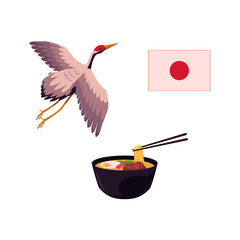 Set of Japanese culture elements - national flag, flying crane bird and ramen soup, flat cartoon vector illustration isolated on white background. Japan icons - flag, crane and bowl of ramen soup