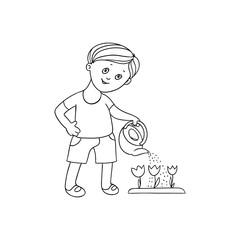 vector flat cartoon boy kid watering tulip flowers with watering can smiling. Isolated illustration on a white background. Children at garden concept.