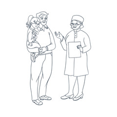 vector flat female doctor wearing medical clothing holding clipboard giving the information to man father hloding teen girl kid with toy in hands. Isolated illustration on a hite background.