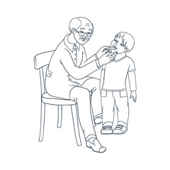 vector flat cartoon male grey-haired doctor examining teen boy kid temperature by mouth thermometer. Man pediatrician in medical clothing and child. Isolated illustration on a white background