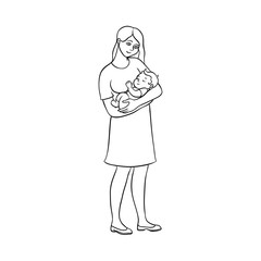 Mother holding her newborn baby, son or daughter, hand drawn vector illustration, isolated black outline on white background. Uncolored picture of young pretty woman, mother holding her newborn baby