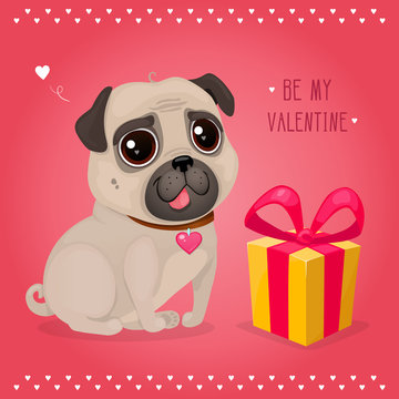 Greeting card for Valentine's Day with a cute pug and gift. Cartoon dog with heart. Vector illustration for a postcard or a poster. Text "Be My Valentine".