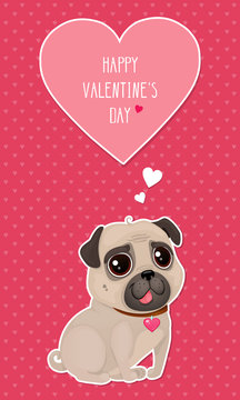 Vector illustration for Valentine's Day with a cute pug and heart in cut out style. Cartoon dog on red background with hearts. Text "Happy Valentine's Day".