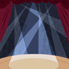 View from stage with spotlight beams of auditorium or orchestra with audience. Interior of theater or concert hall. Simplified realistic hand draw comic art style