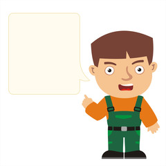 Working in a green jumpsuit with bubble speech