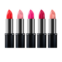 Obraz premium Set of color lipsticks. Red, pink, orange, wine. Red pomade set isolated on white background. lip rouge