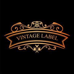 Golden vintage calligraphic label. Ornate logo template for design of invitations, greeting cards, banners, posters, placards, badges, hotel, restaurant, business identity. Vector illustration.