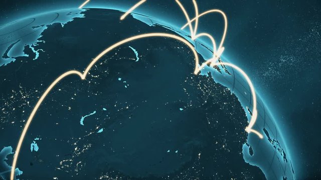 3d animation of a growing network across the world. Abstract global business network concept. New and improved 4K blue and orange version
