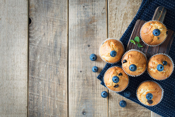 Blueberries muffins or cupcakes with mint leaves