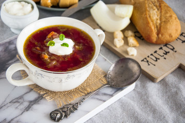 Traditional Russian Ukrainian soup with beets (borscht).