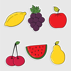 Set of stickers with colorful  hand drawn fruits