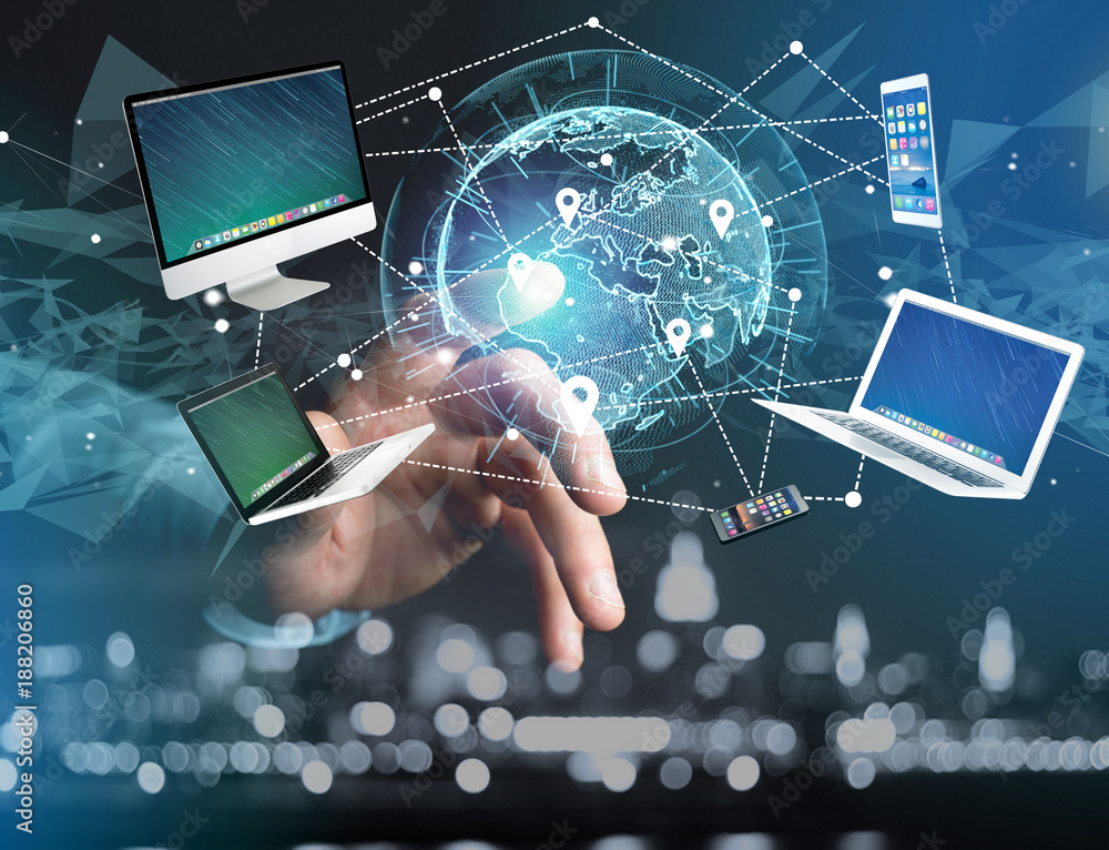 Poster computer and devices displayed on a futuristic interface with interantional network - multimedia and