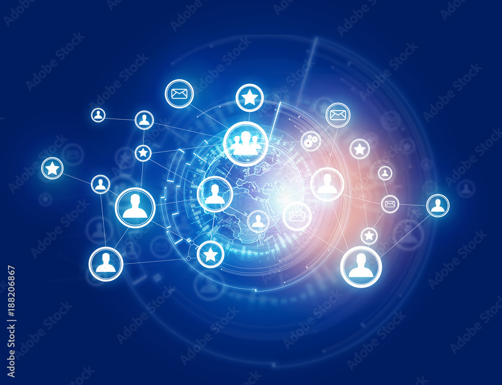 Poster international network displayed on a futuristic interface with globe and connection - technology and