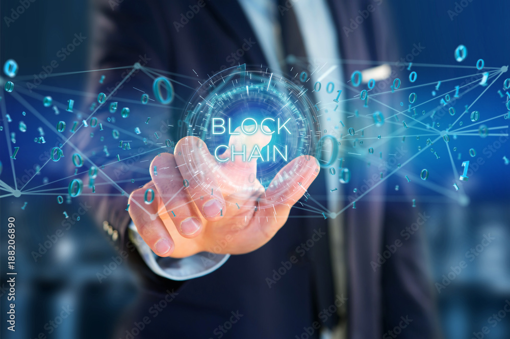 Poster blockchain title with 0 and 1 data flying over