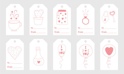 Greeting tags with cute hand drawn elements for Valentine's Day