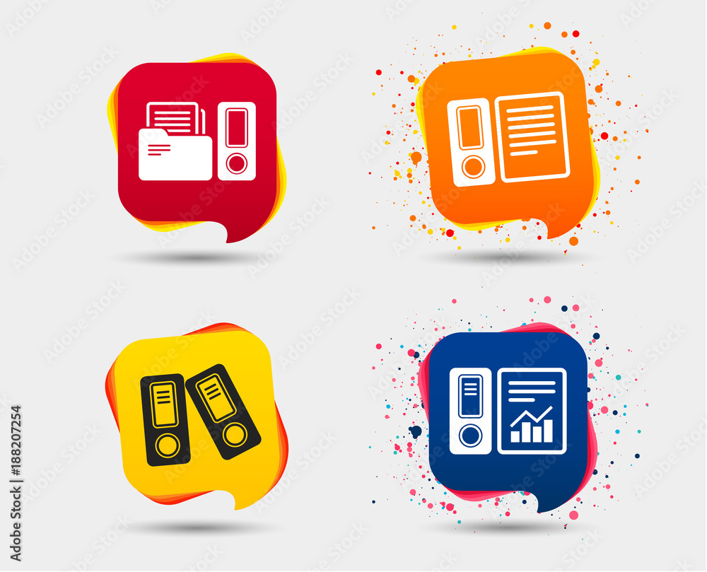 Poster accounting report icons. document storage in folders sign symbols. speech bubbles or chat symbols. c